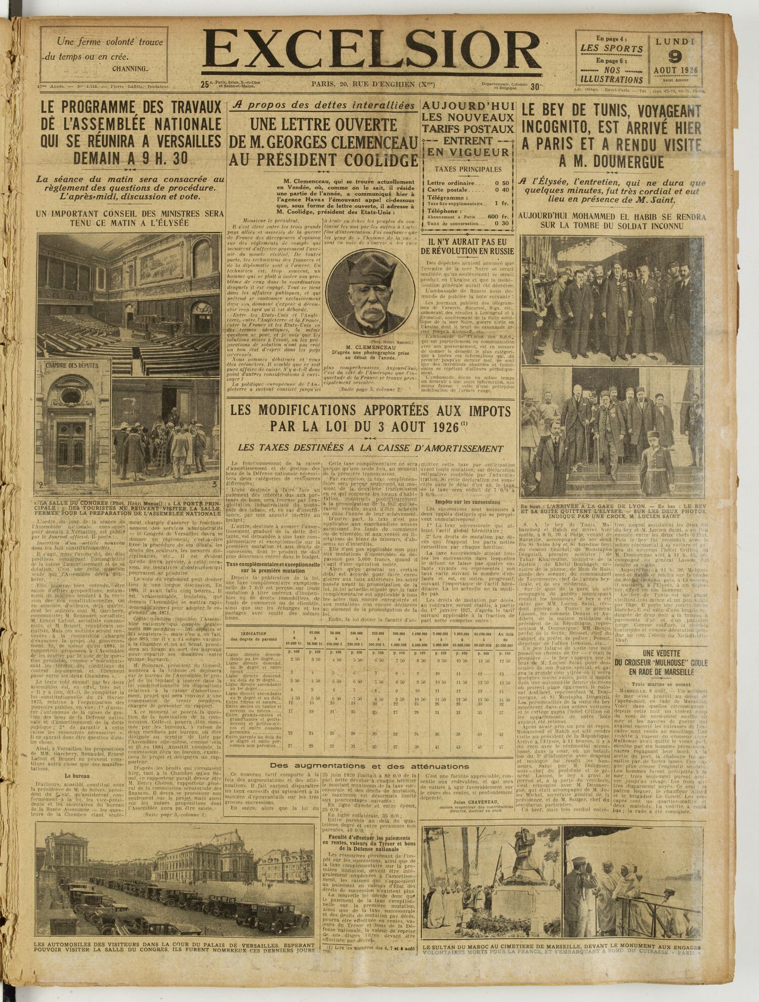 Une du journal Excelsior du 9 août 1926 : Le programme des travaux de l'assemblée nationale qui se réunira a versailles demain a 9 H. 30