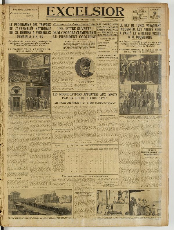 Une du journal Excelsior du 9 août 1926 : Le programme des travaux de l'assemblée nationale qui se réunira a versailles demain a 9 H. 30