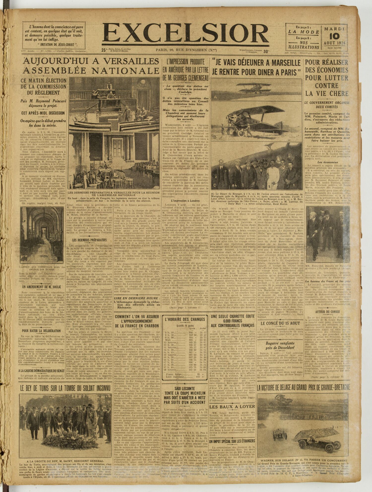 Une du journal Excelsior du 10 août 1926 : « je vais déjeuner a marseille je rentre pour diner a paris »