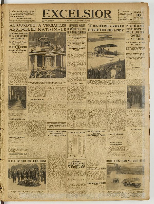 Une du journal Excelsior du 10 août 1926 : « je vais déjeuner a marseille je rentre pour diner a paris »