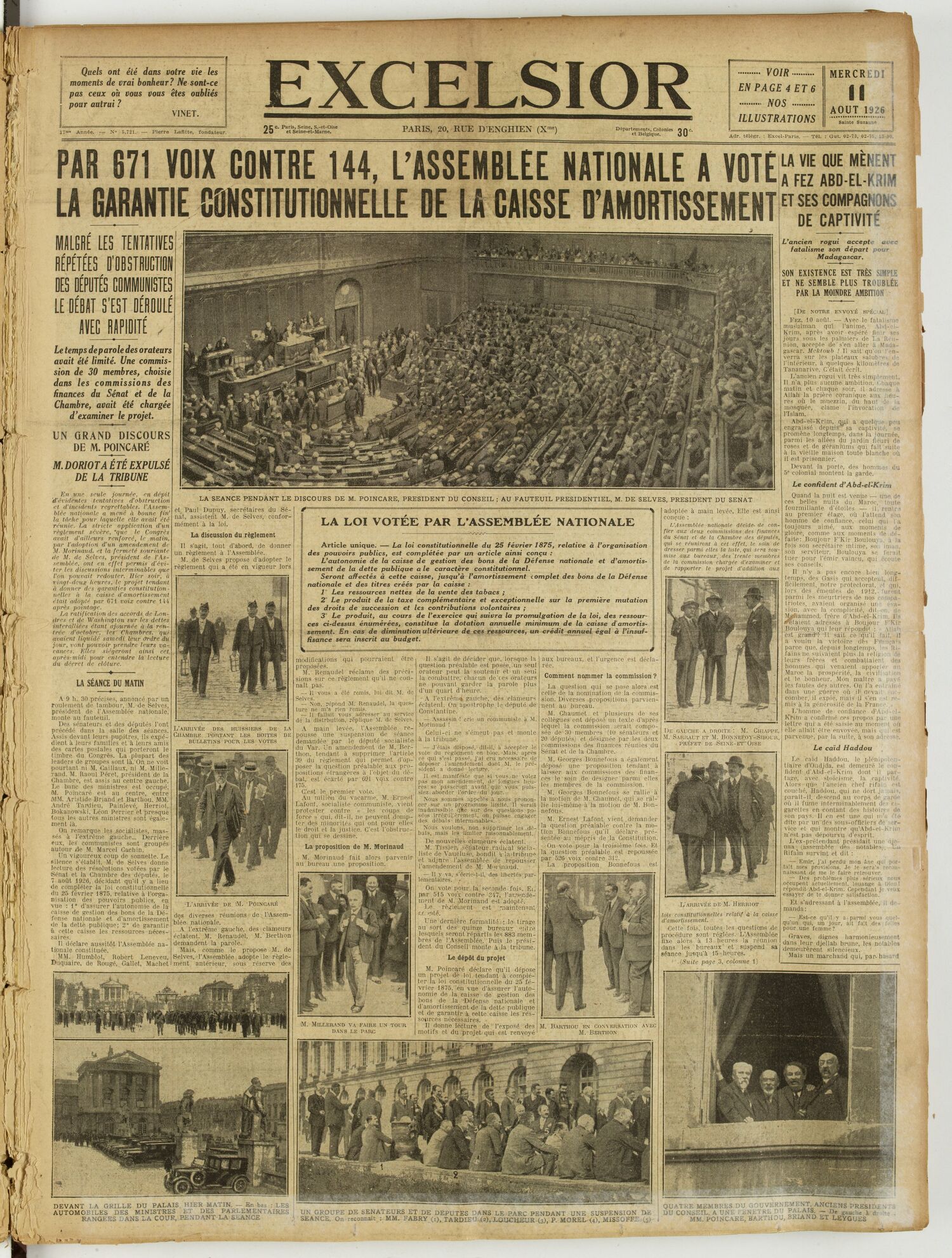 Une du journal Excelsior du 11 août 1926 : Par 671 voix contre 144, l'assemblee nationale a vote la garantie constitutionnelle de la caisse d'amortissement