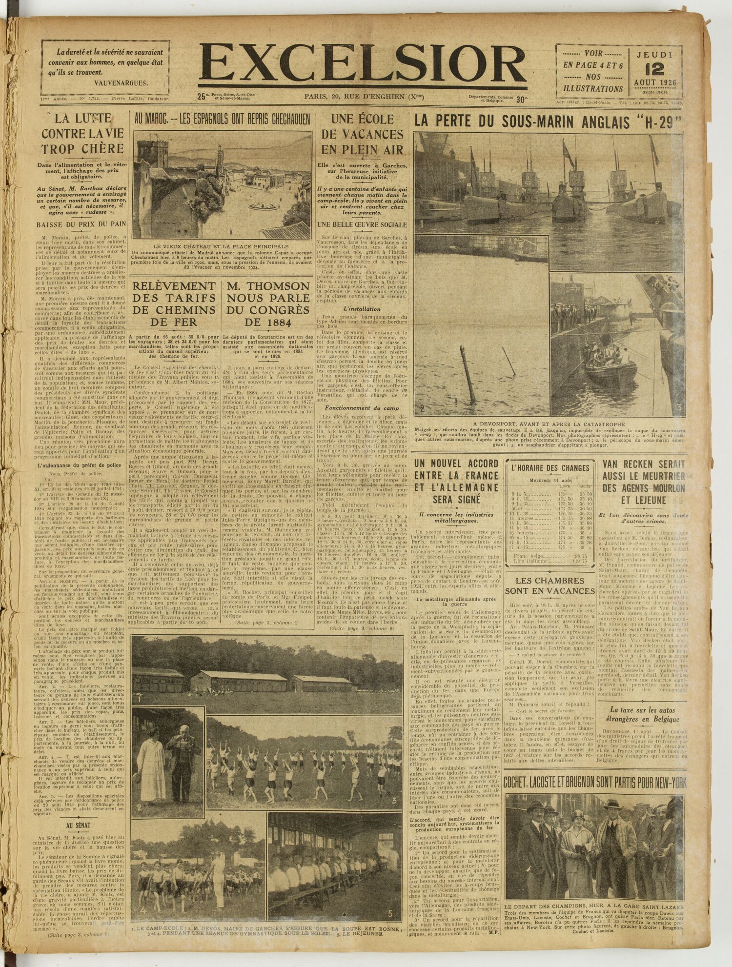 Une du journal Excelsior du 12 août 1926 : Au maroc. — les espagnols ont repris chechaouen