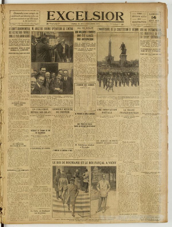 Une du journal Excelsior du 14 août 1926 : M. aristide briand opérateur de cinéma