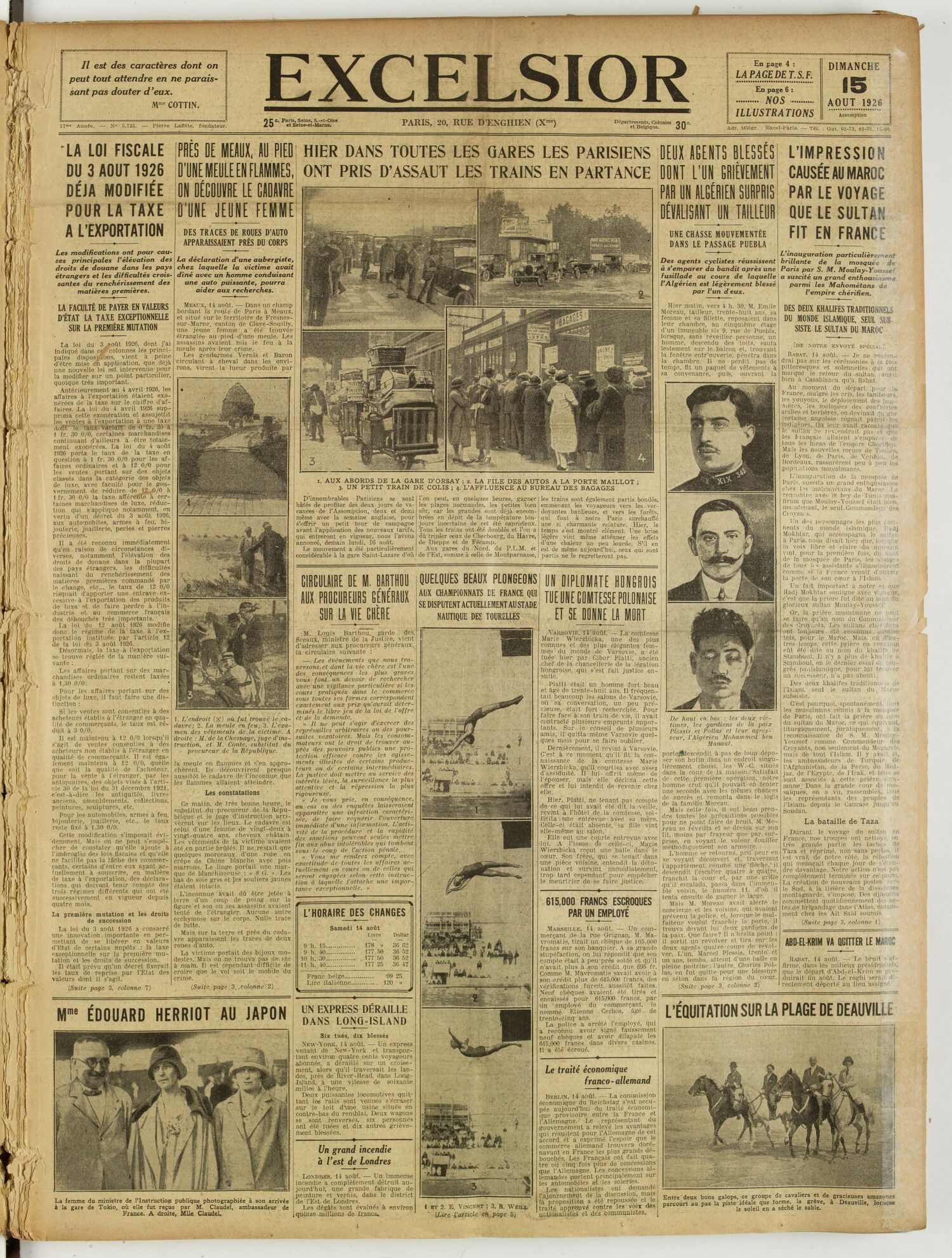 Une du journal Excelsior du 15 août 1926 : Circulaire de M. barthou