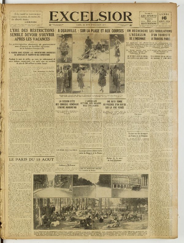Une du journal Excelsior du 16 août 1926 : L'ere des restrictions semble devoir s'ouvrir apres les vacances