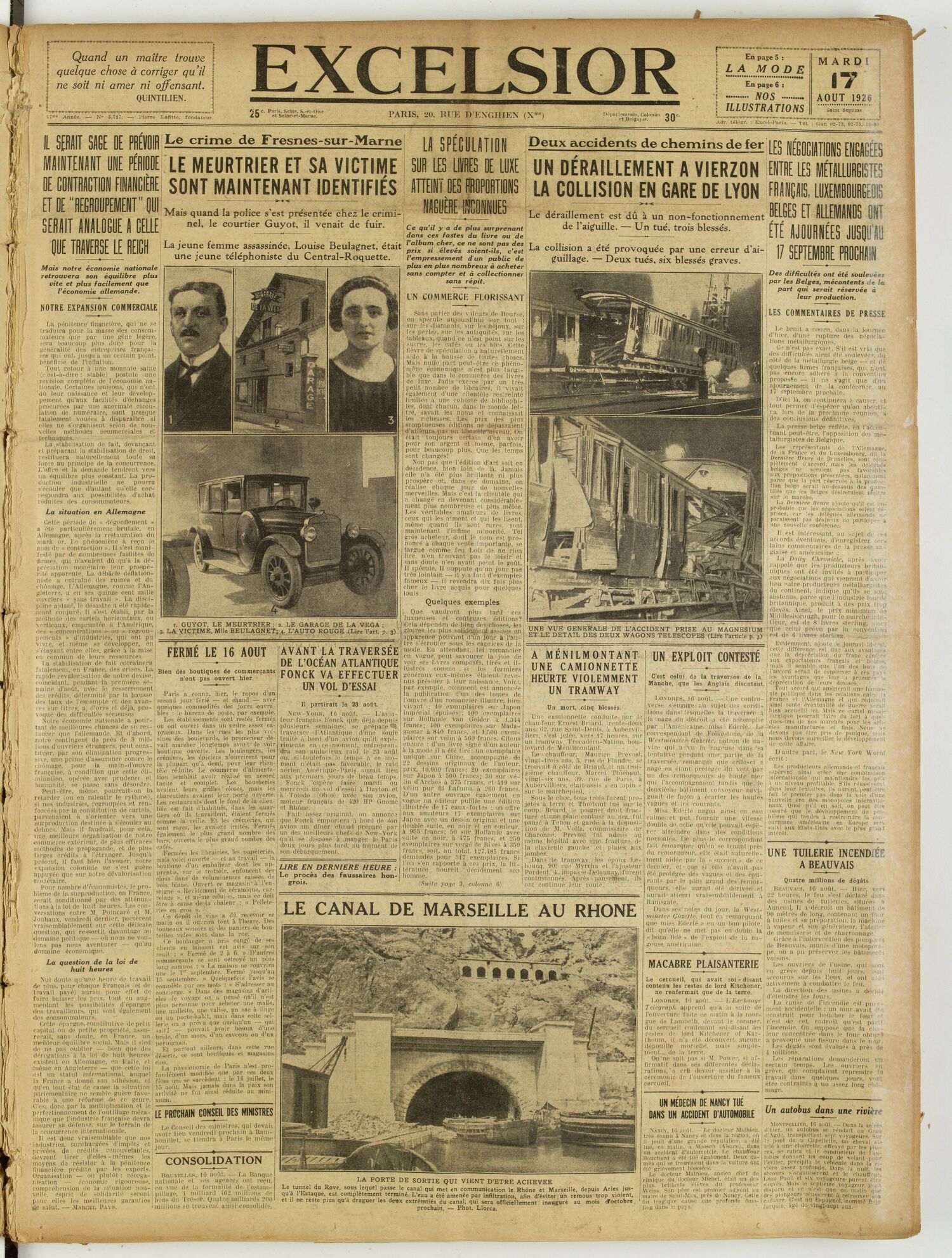 Une du journal Excelsior du 17 août 1926 : Un déraillement a vierzon la collision en gare de lyon