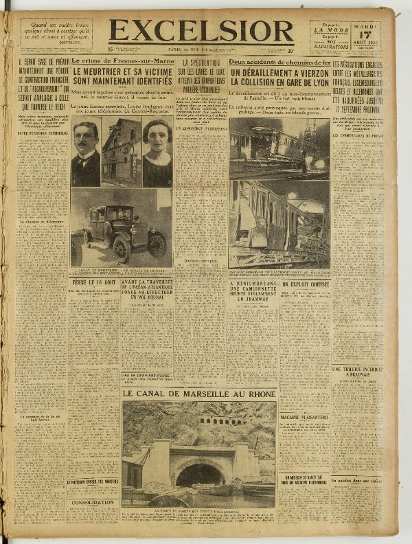 Une du journal Excelsior du 17 août 1926 : Un déraillement a vierzon la collision en gare de lyon