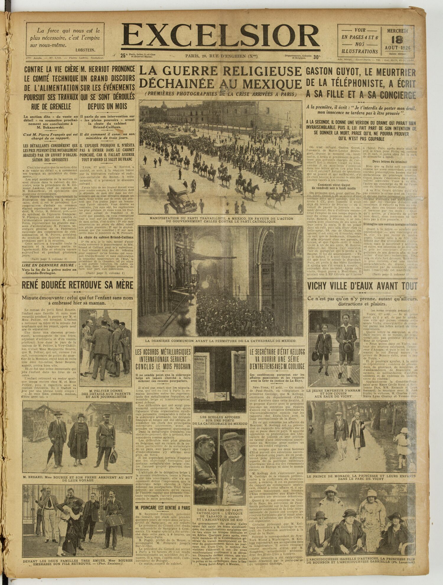 Une du journal Excelsior du 18 août 1926 : La guerre religieuse déchainée au mexique