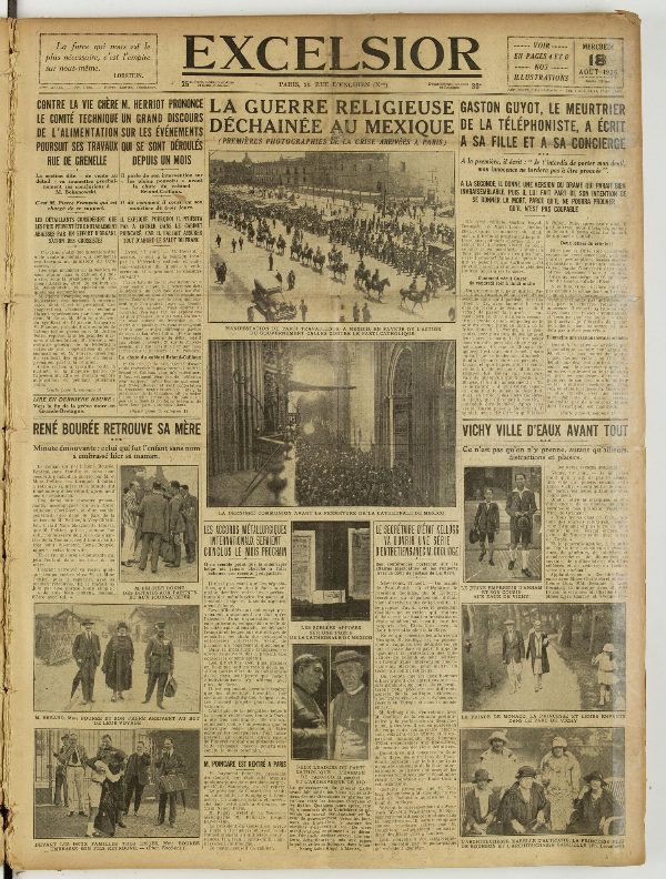 Une du journal Excelsior du 18 août 1926 : La guerre religieuse déchainée au mexique