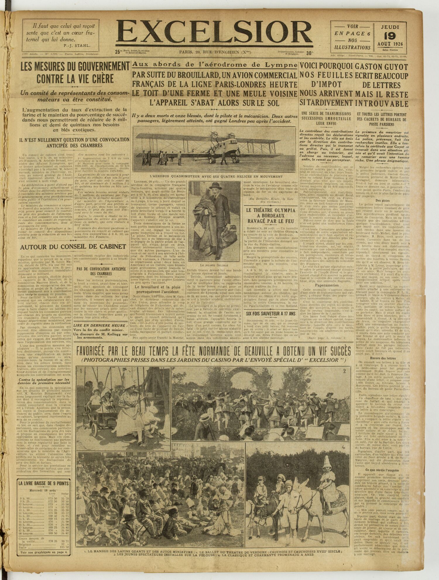 Une du journal Excelsior du 19 août 1926 : Les mesures du gouvernement contre la vie chere