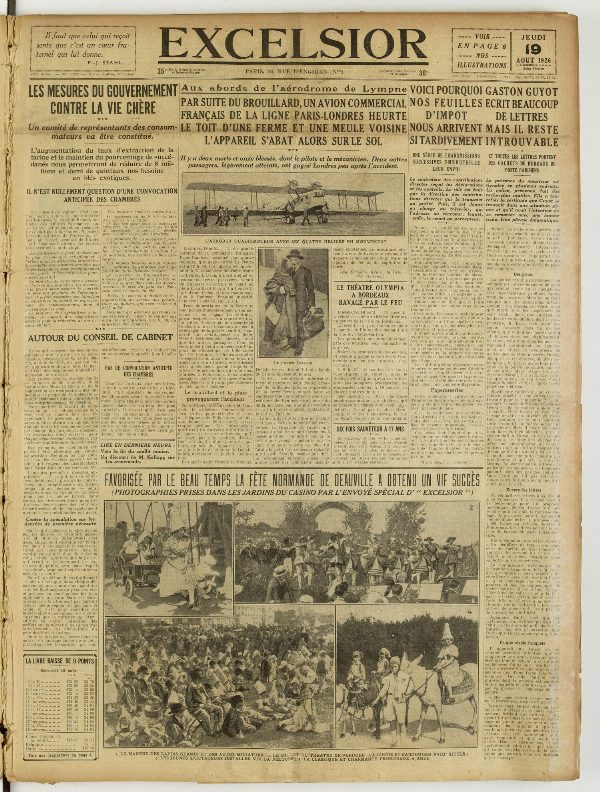 Une du journal Excelsior du 19 août 1926 : Les mesures du gouvernement contre la vie chere