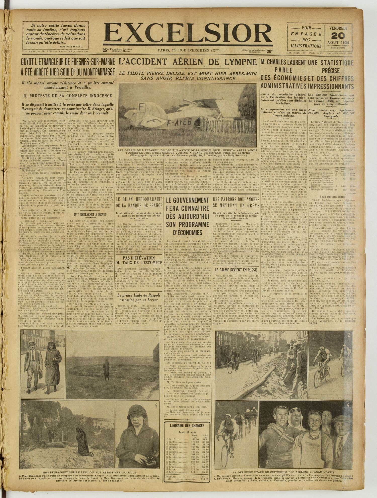 Une du journal Excelsior du 20 août 1926 : L'accident aérien de lympne