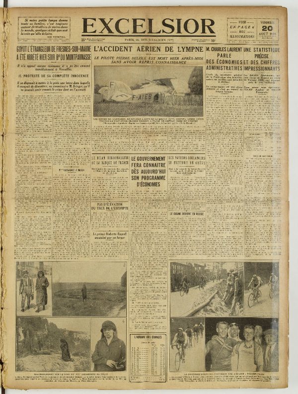 Une du journal Excelsior du 20 août 1926 : L'accident aérien de lympne