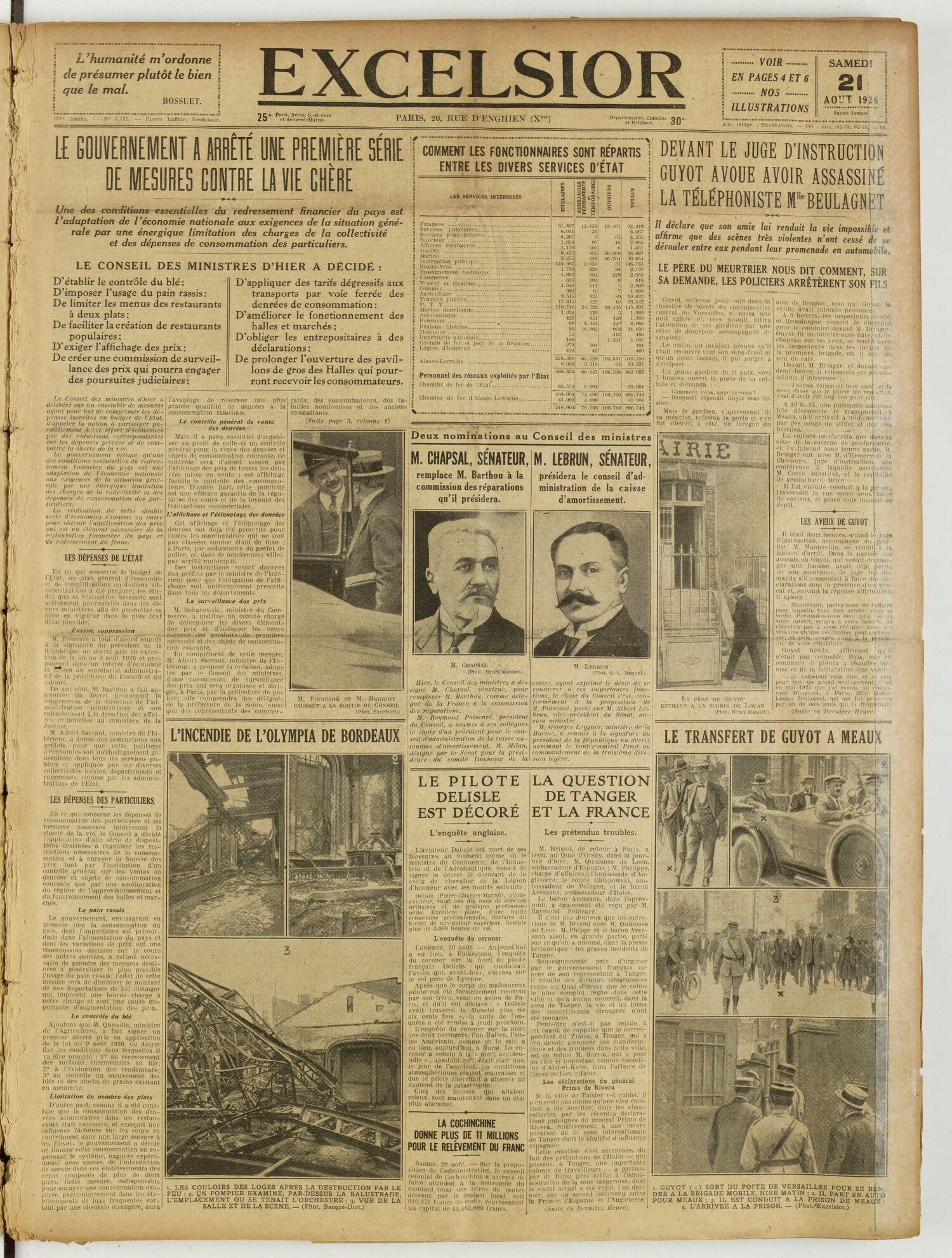 Une du journal Excelsior du 21 août 1926 : Le gouvernement a arrêté une première série de mesures contre la vie chère