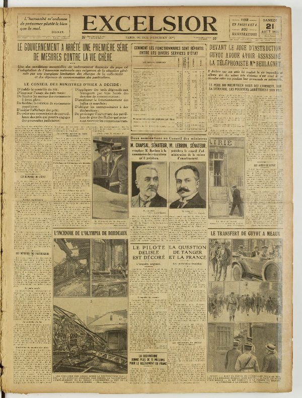 Une du journal Excelsior du 21 août 1926 : Le gouvernement a arrêté une première série de mesures contre la vie chère