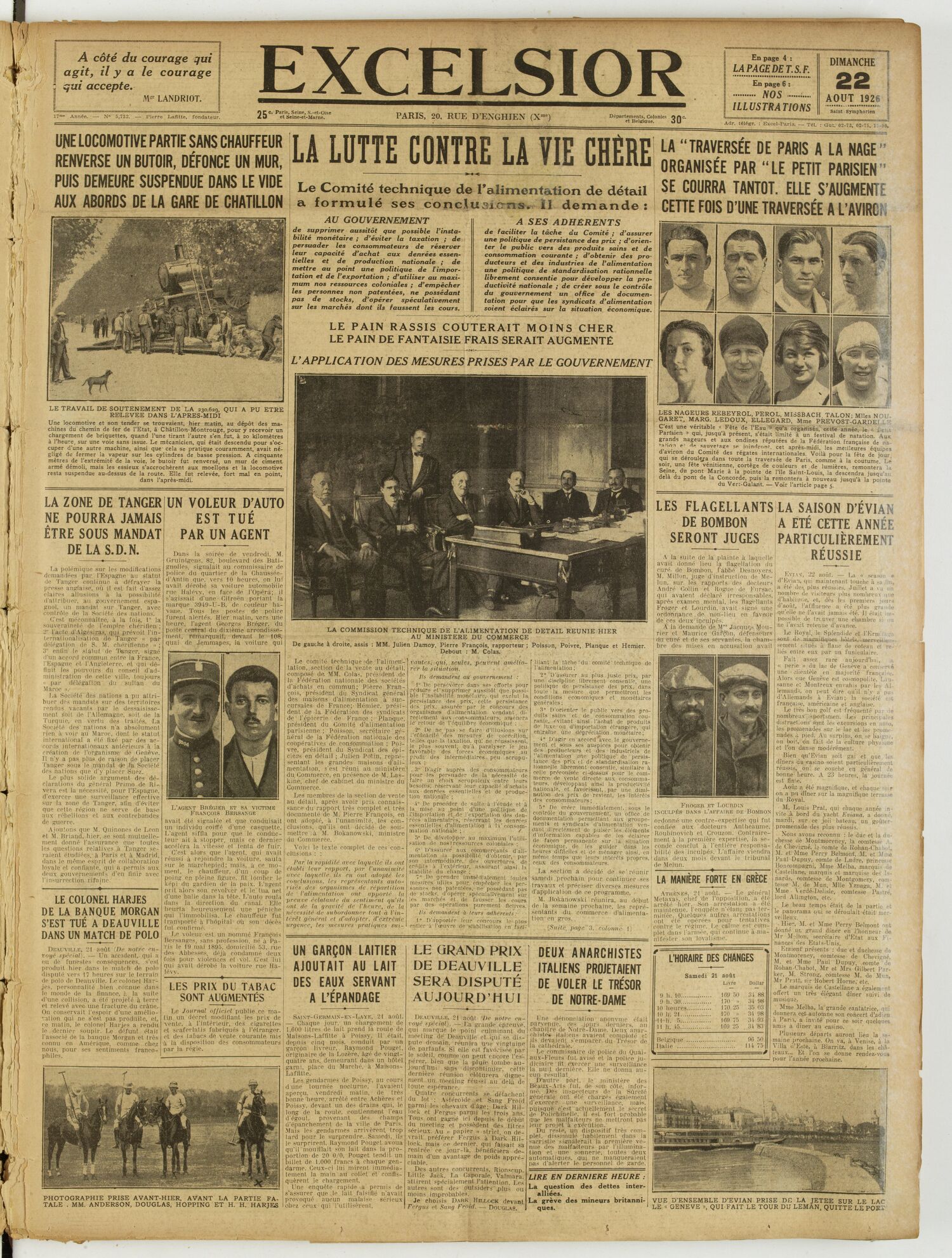 Une du journal Excelsior du 22 août 1926 : La lutte contre la vie chere