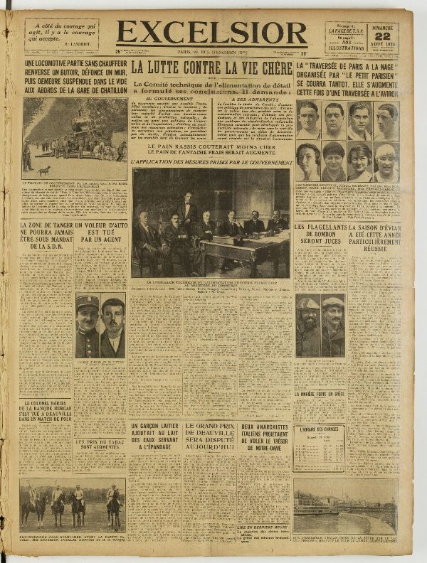 Une du journal Excelsior du 22 août 1926 : La lutte contre la vie chere