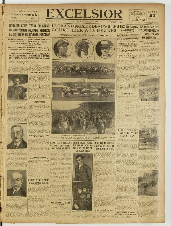 Une du journal Excelsior du 23 août 1926 : Le grand prix de deauville couru hier a 16 heures