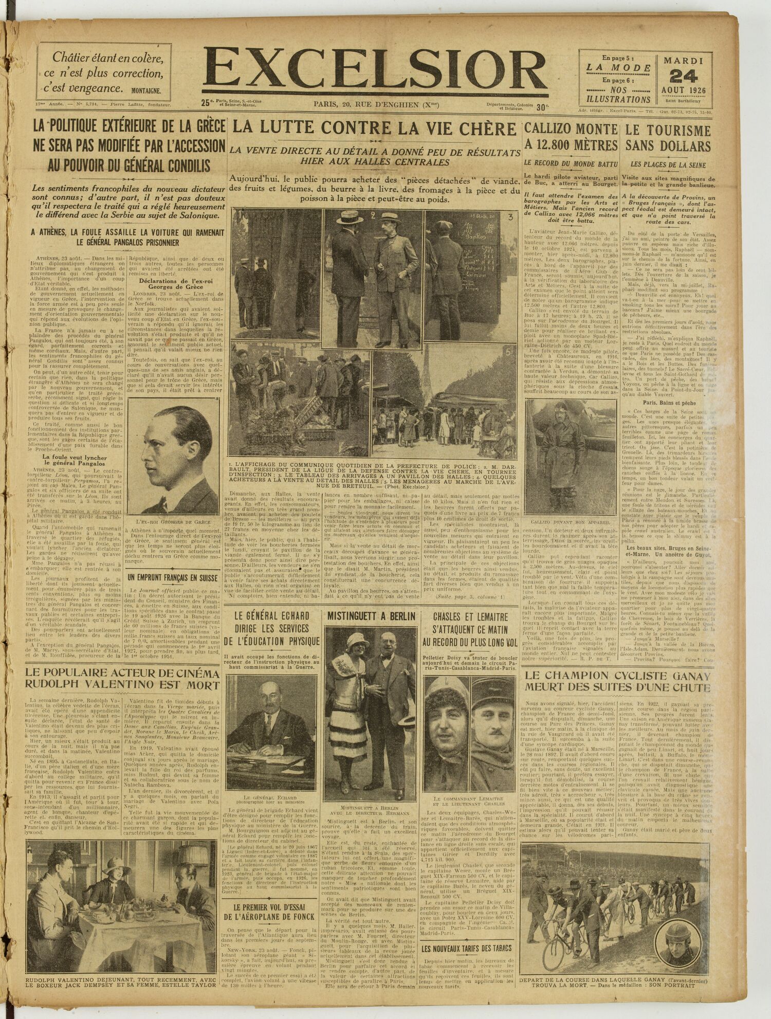 Une du journal Excelsior du 24 août 1926 : La politique extérieure de la grèce ne sera pas modifiée par l'accession au pouvoir du général condilis