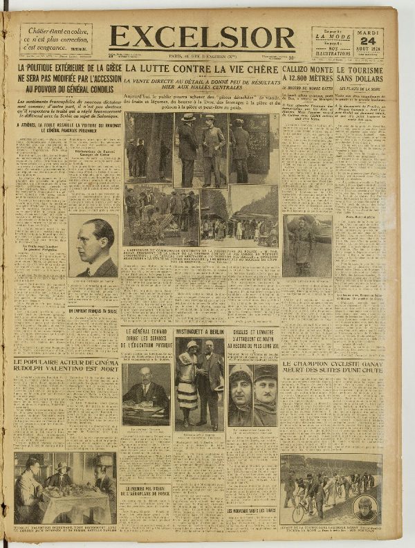 Une du journal Excelsior du 24 août 1926 : La politique extérieure de la grèce ne sera pas modifiée par l'accession au pouvoir du général condilis