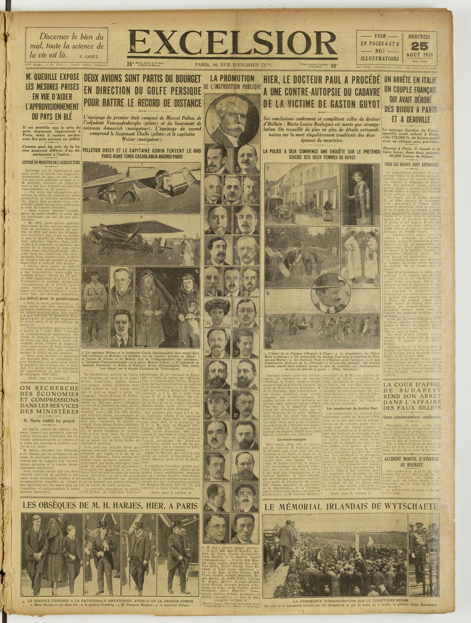 Une du journal Excelsior du 25 août 1926 : Deux avions sont partis du bourget en direction du golfe persique pour battre le record de. distance
