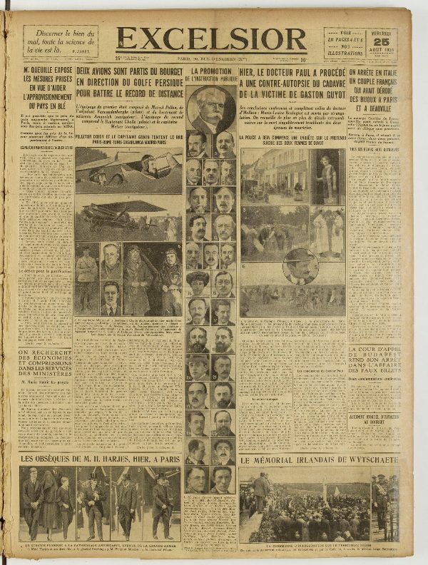 Une du journal Excelsior du 25 août 1926 : Deux avions sont partis du bourget en direction du golfe persique pour battre le record de. distance