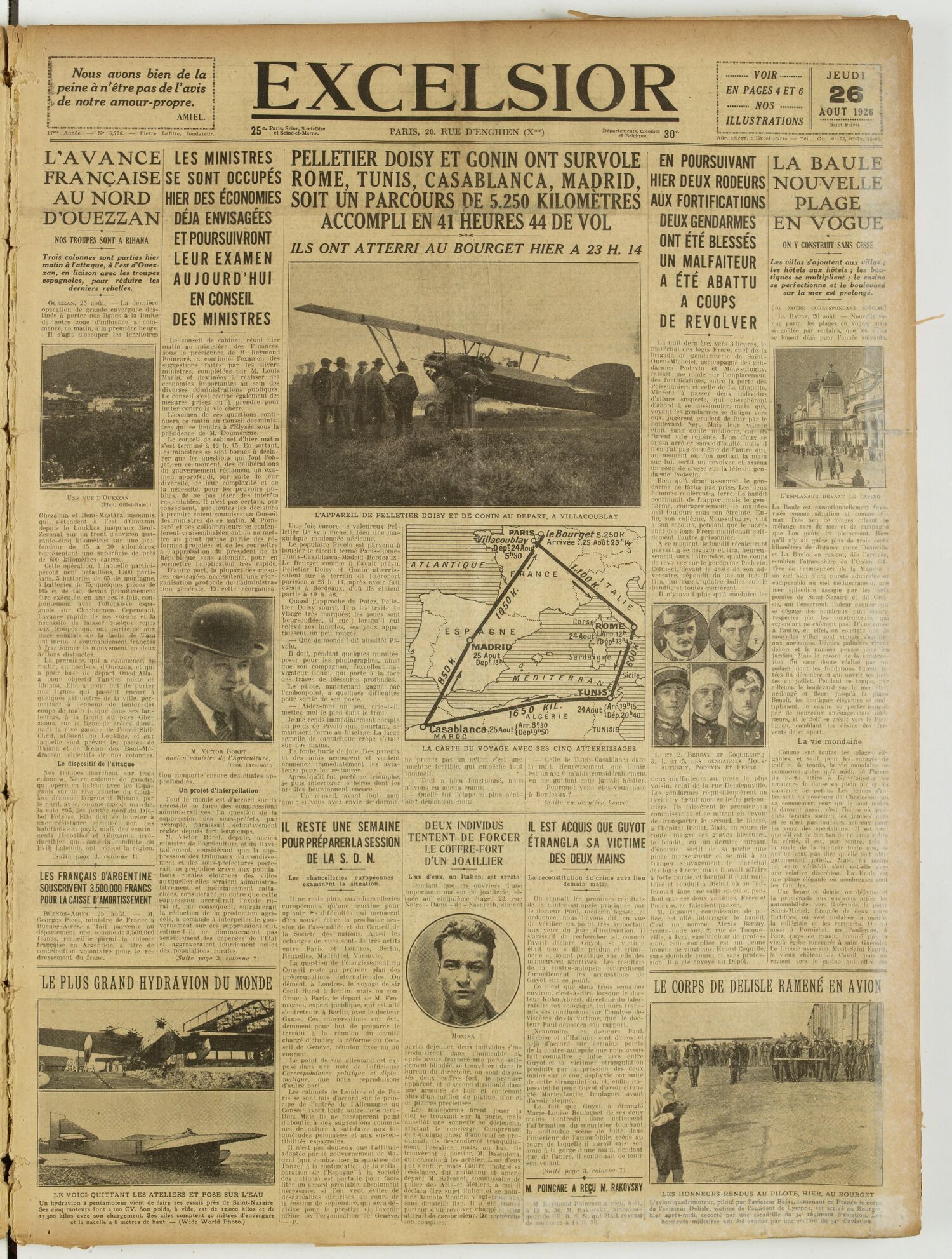 Une du journal Excelsior du 26 août 1926 : Pelletier doisy et gonin ont survole rome, tunis, casablanca, madrid, soit un parcours de 5.250 kilomètres accompli en 41 heures 44 de vol