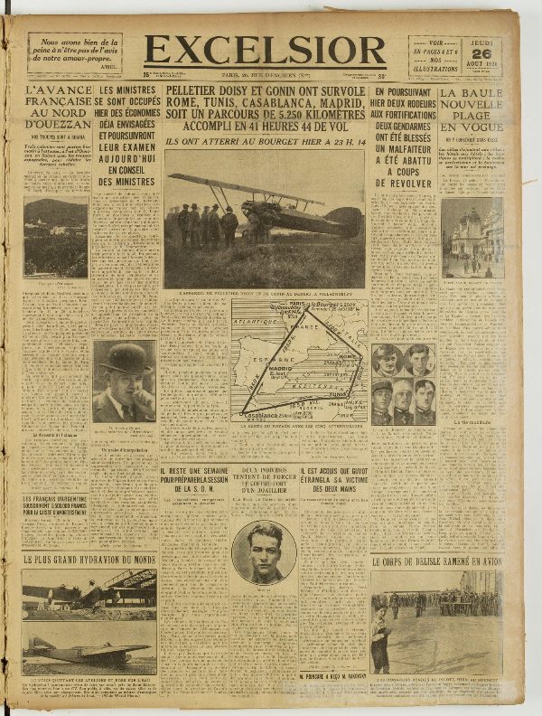 Une du journal Excelsior du 26 août 1926 : Pelletier doisy et gonin ont survole rome, tunis, casablanca, madrid, soit un parcours de 5.250 kilomètres accompli en 41 heures 44 de vol