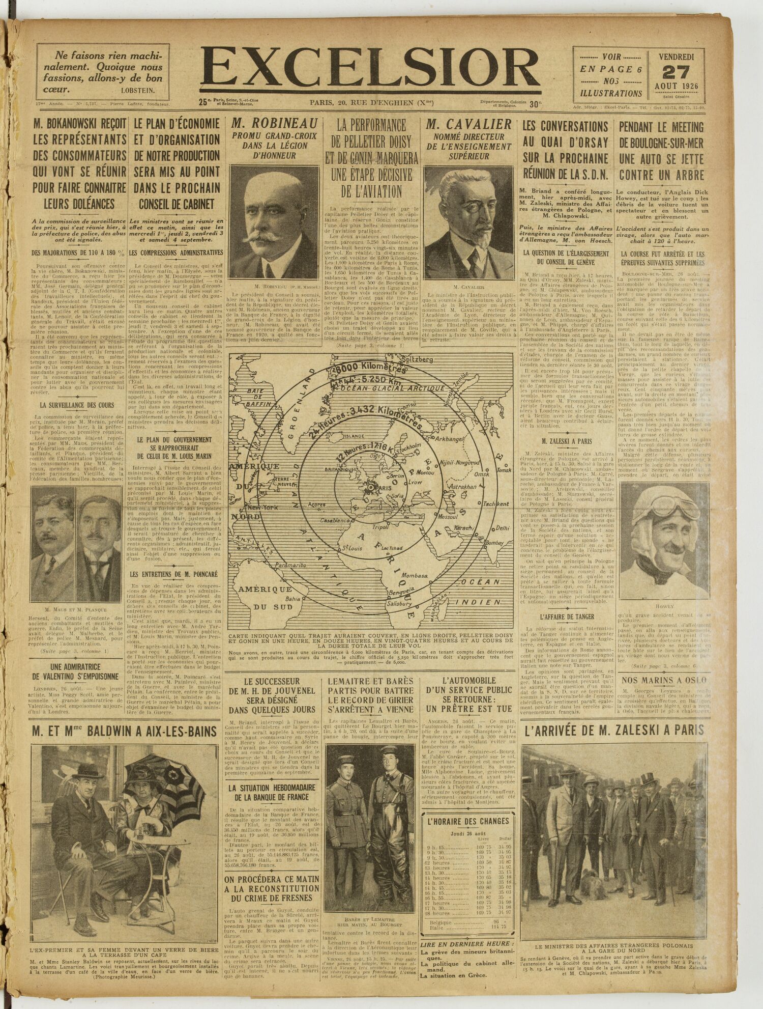Une du journal Excelsior du 27 août 1926 : La performance de pelletier doisy une etape décisive de l'aviation