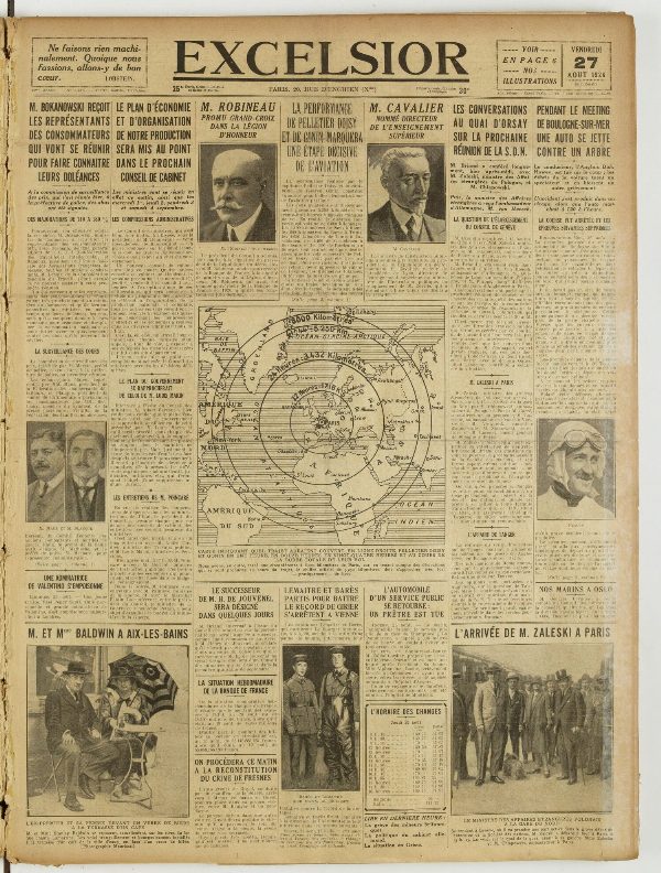Une du journal Excelsior du 27 août 1926 : La performance de pelletier doisy une etape décisive de l'aviation