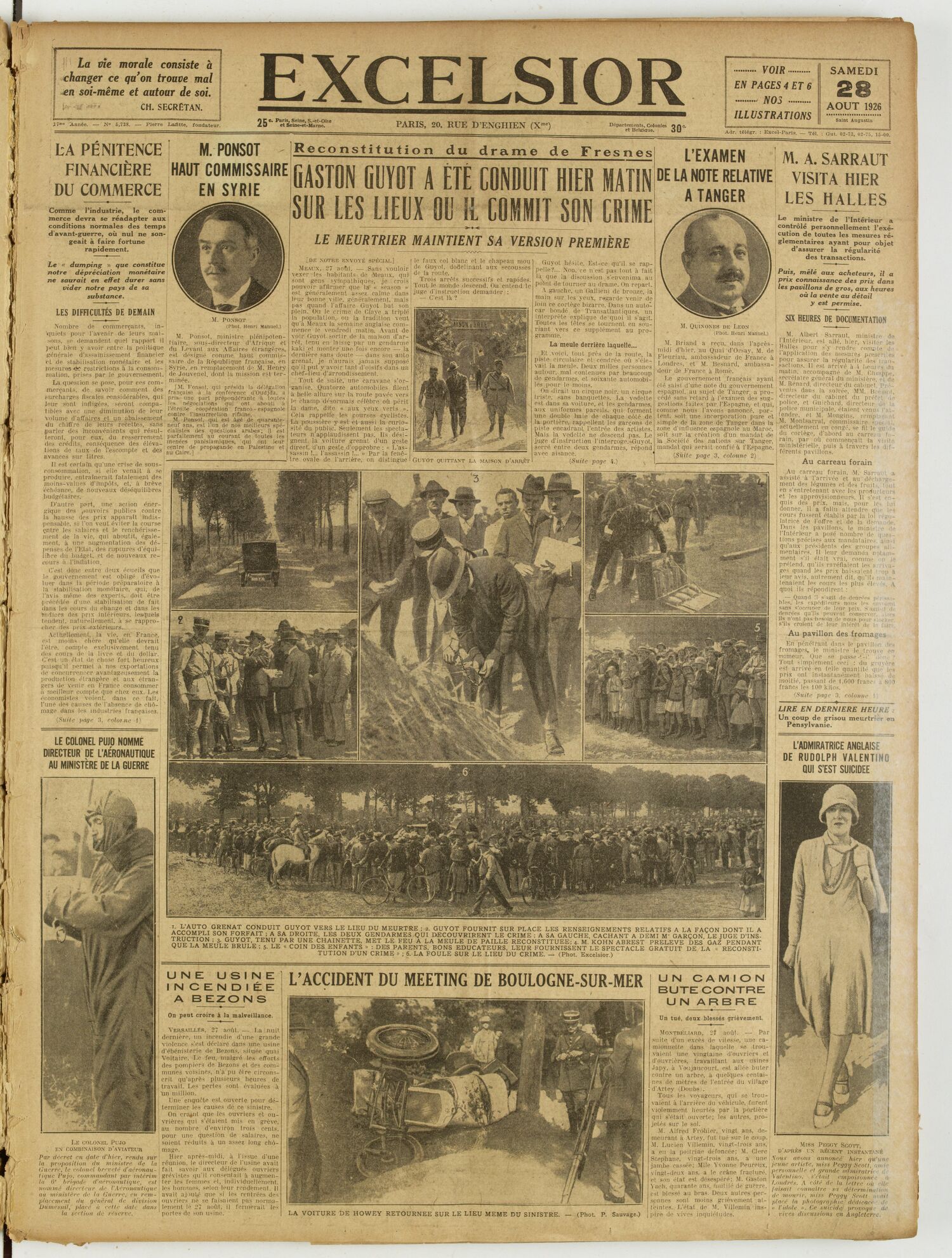 Une du journal Excelsior du 28 août 1926 : Gaston guyot a été conduit hier matin sur les lieux ou il commit son crime
