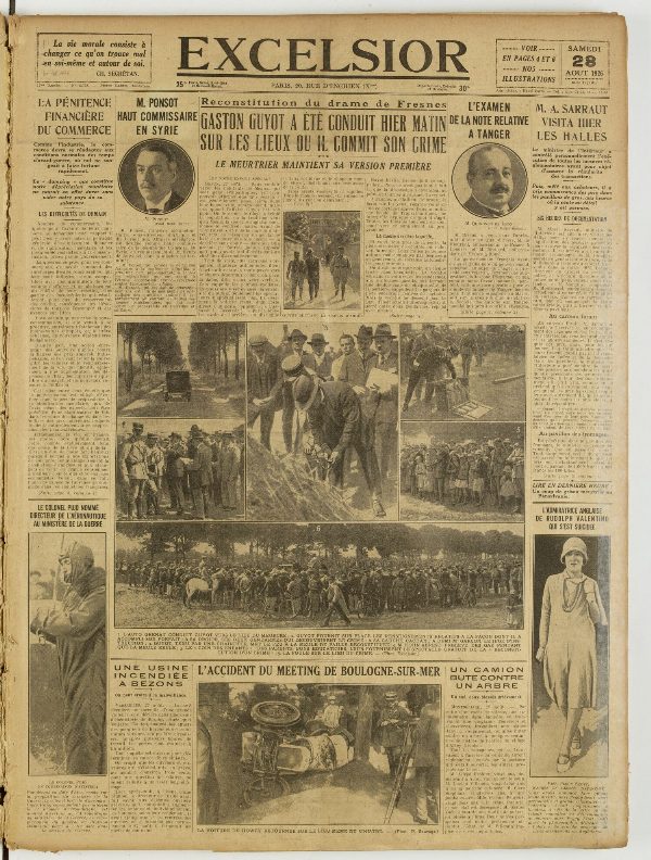 Une du journal Excelsior du 28 août 1926 : Gaston guyot a été conduit hier matin sur les lieux ou il commit son crime