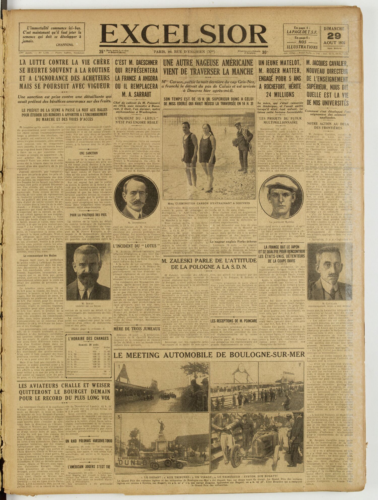 Une du journal Excelsior du 29 août 1926 : Une autre nageuse americaine vient de traverser la manche