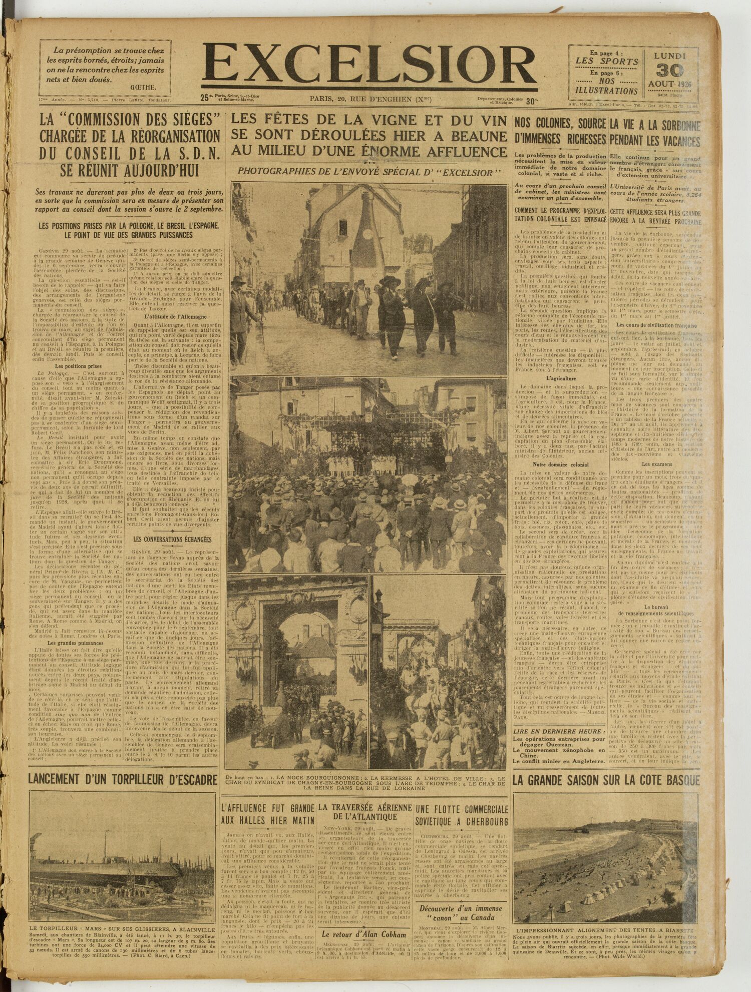 Une du journal Excelsior du 30 août 1926 : La « commission des sièges » chargée de la réorganisation du conseil de la S. D. N. se réunit aujourd'hui