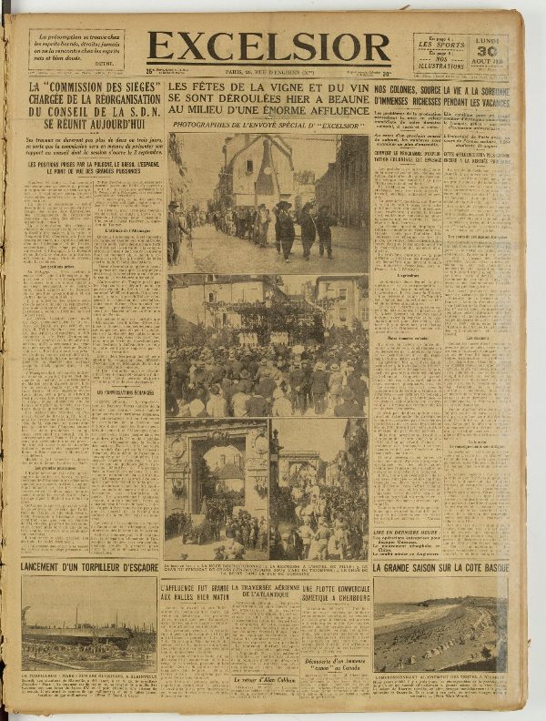 Une du journal Excelsior du 30 août 1926 : La « commission des sièges » chargée de la réorganisation du conseil de la S. D. N. se réunit aujourd'hui