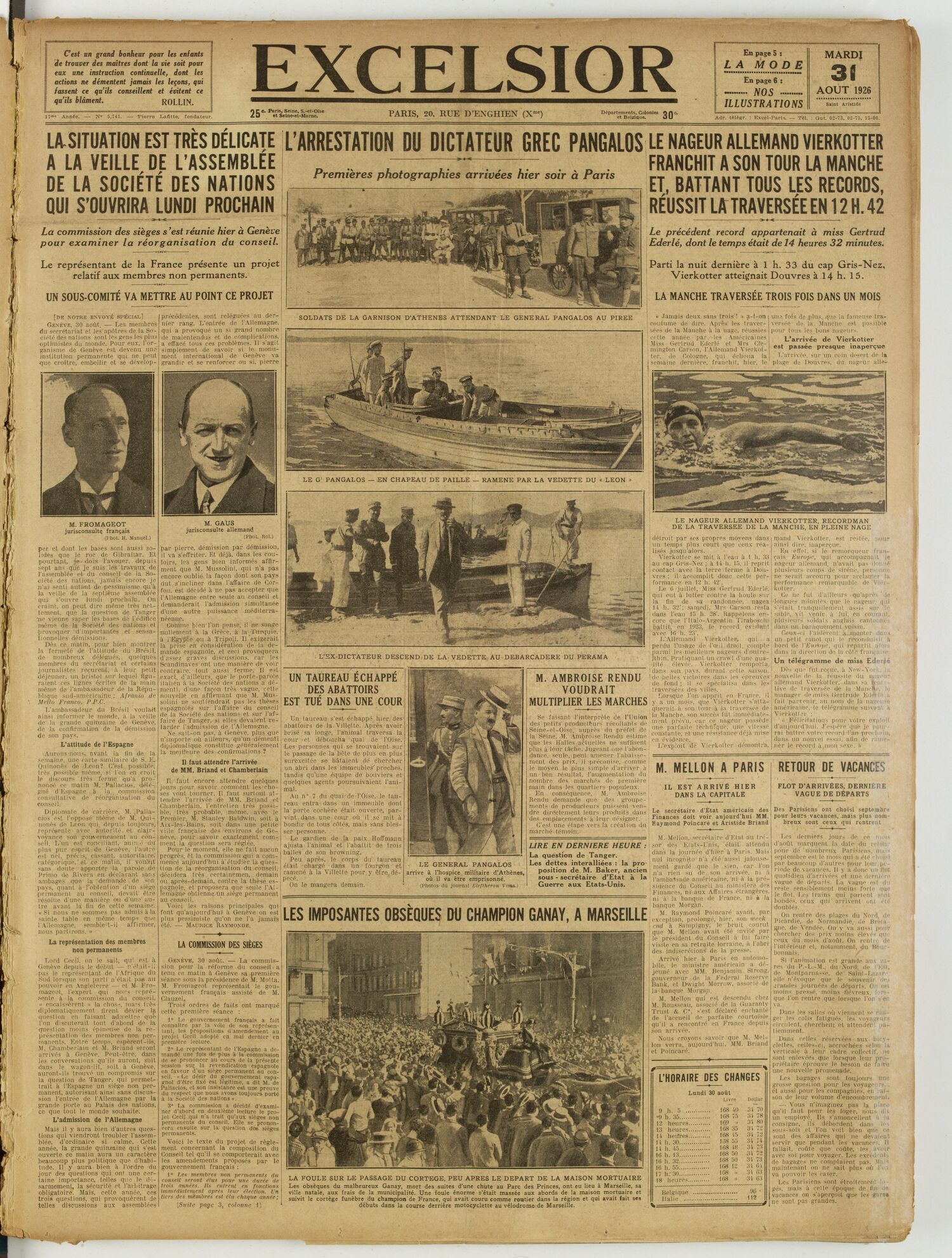 Une du journal Excelsior du 31 août 1926 : L'arrestation du dictateur grec pangalos