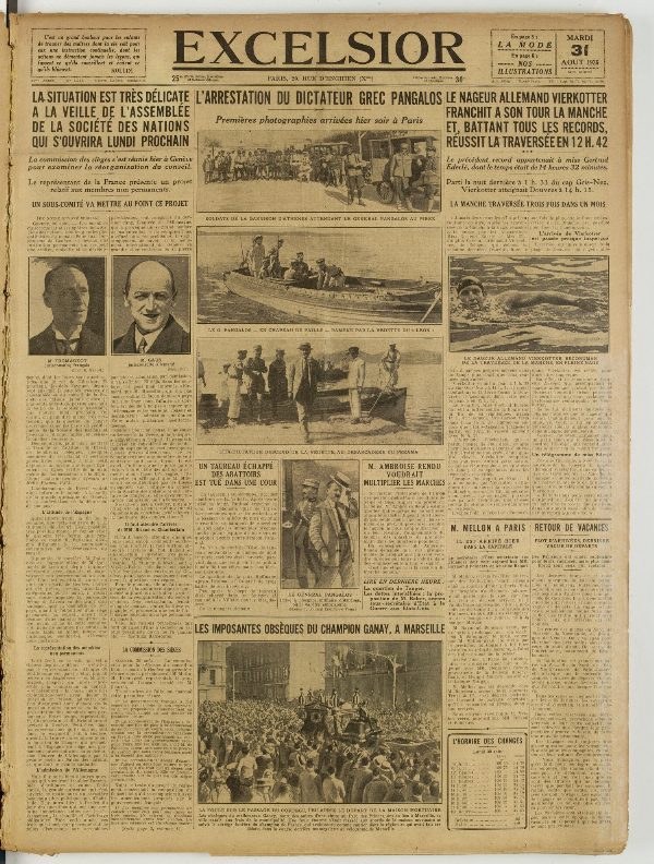 Une du journal Excelsior du 31 août 1926 : L'arrestation du dictateur grec pangalos