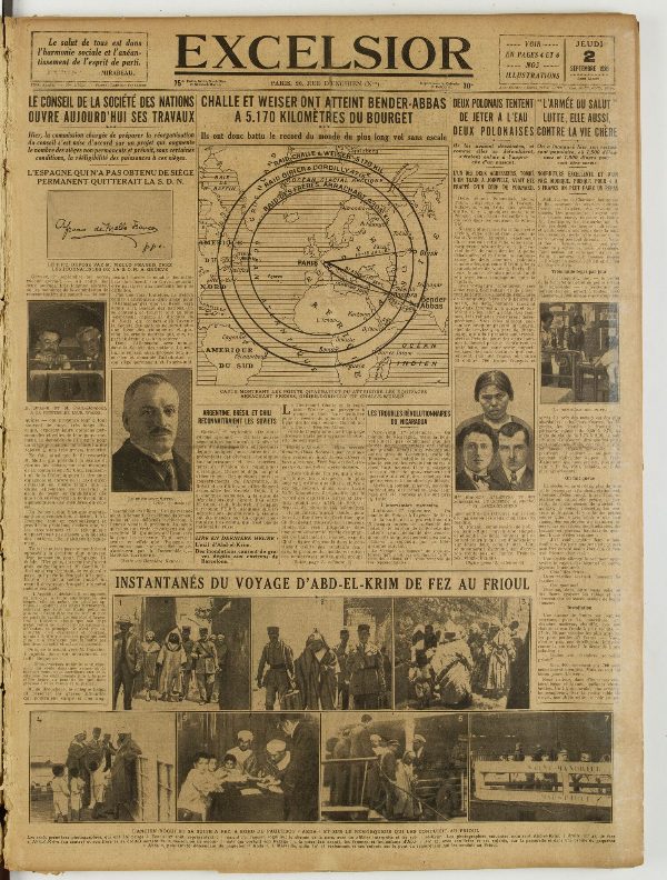 Une du journal Excelsior du 2 septembre 1926 : Instantanés du voyage d'abd-el-krim de fez au frioul