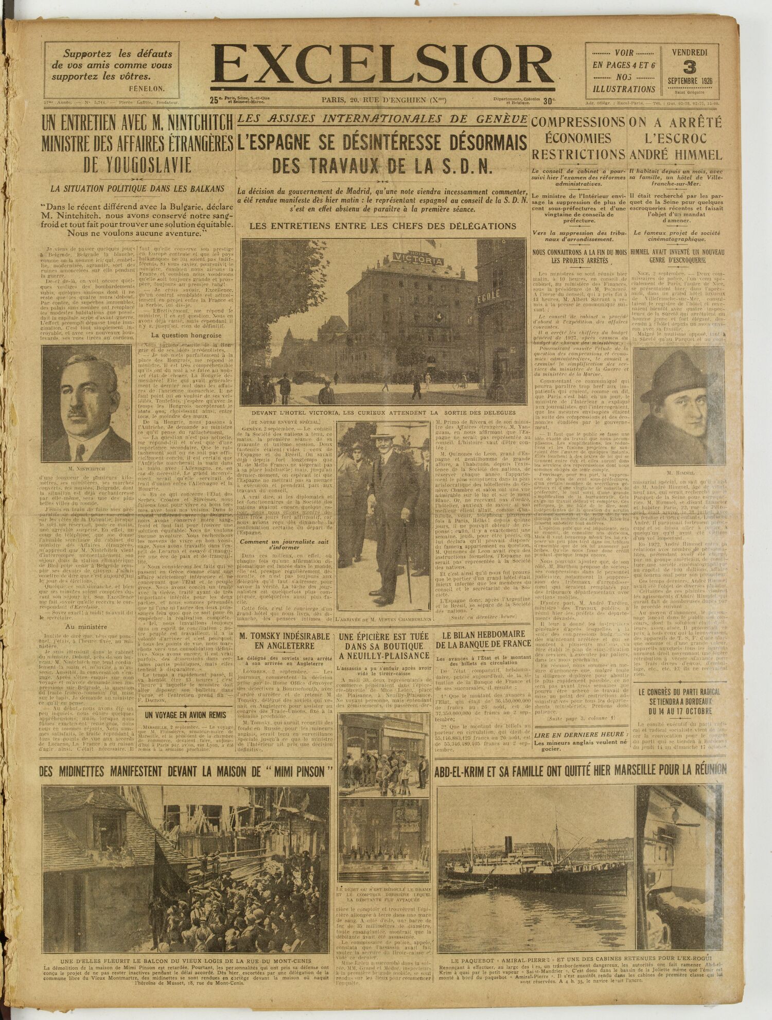 Une du journal Excelsior du 3 septembre 1926 : Un entretien avec M. Nintchitch ministre des affaires étrangères de yougoslavie