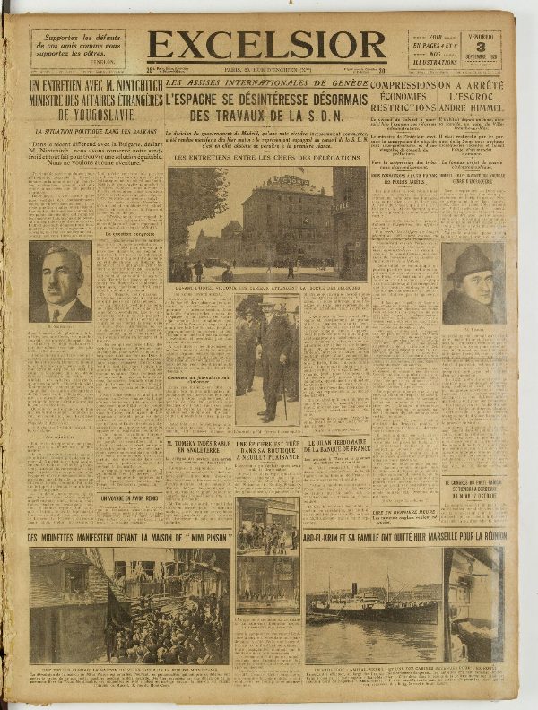Une du journal Excelsior du 3 septembre 1926 : Un entretien avec M. Nintchitch ministre des affaires étrangères de yougoslavie