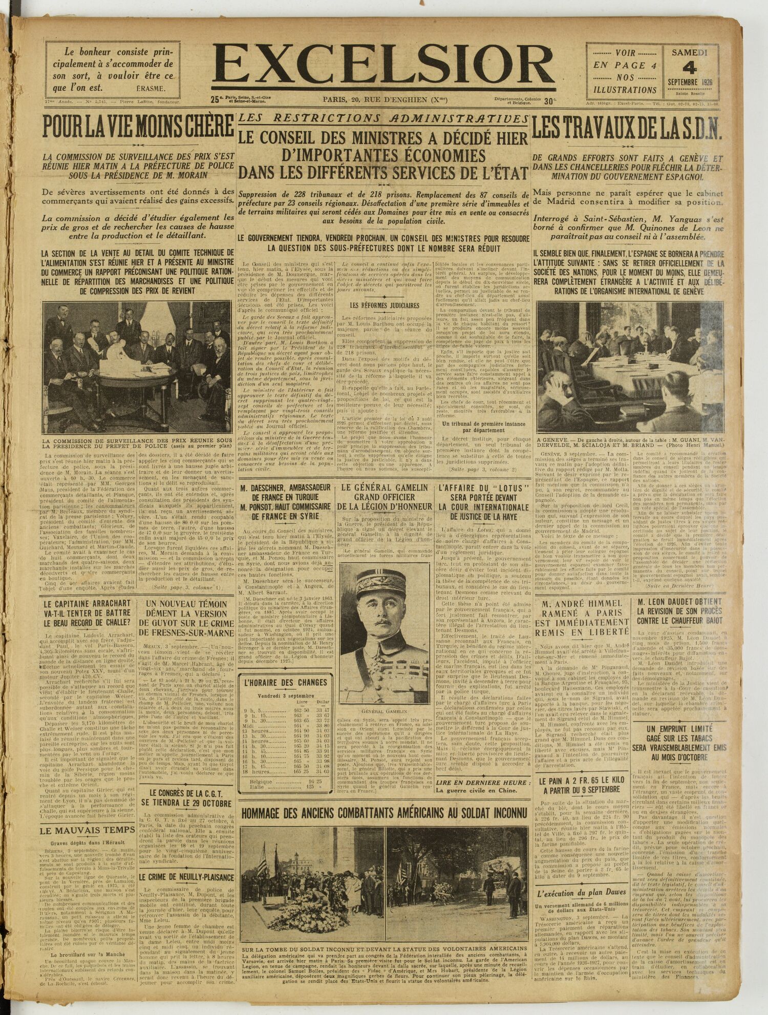 Une du journal Excelsior du 4 septembre 1926 : Pour la vie moins chère