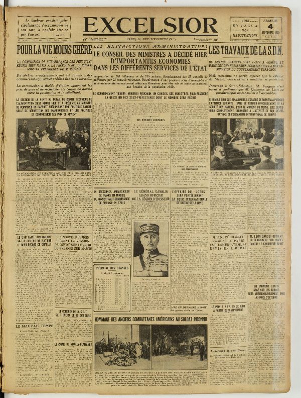 Une du journal Excelsior du 4 septembre 1926 : Pour la vie moins chère