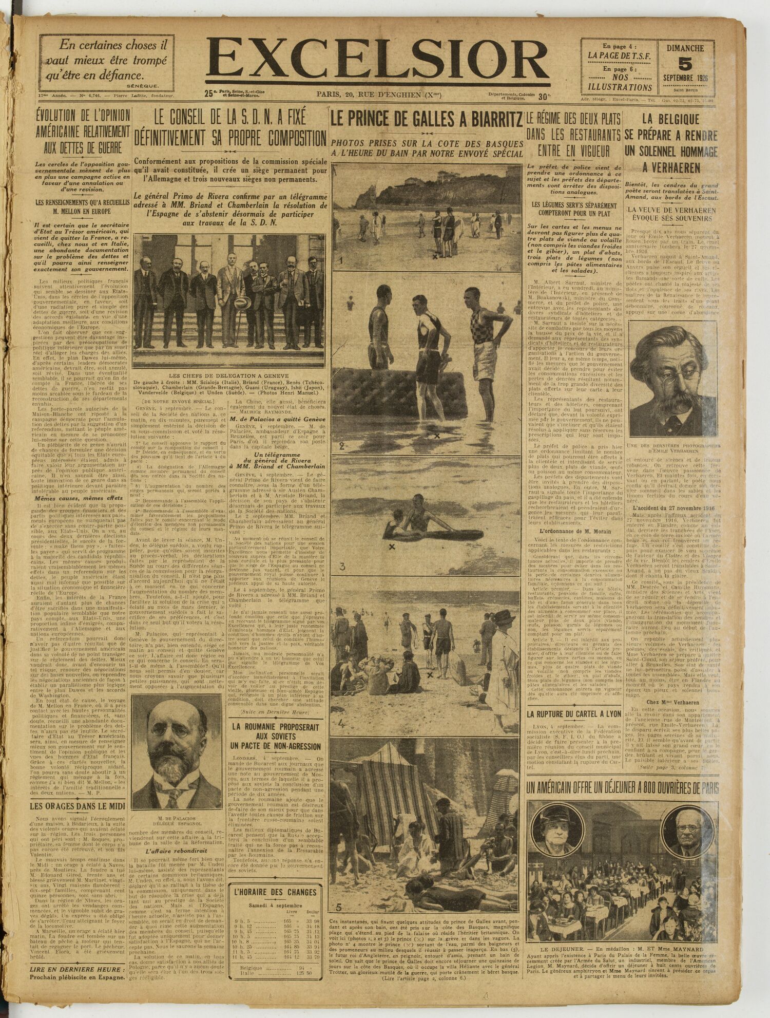 Une du journal Excelsior du 5 septembre 1926 : | En certaines choses il