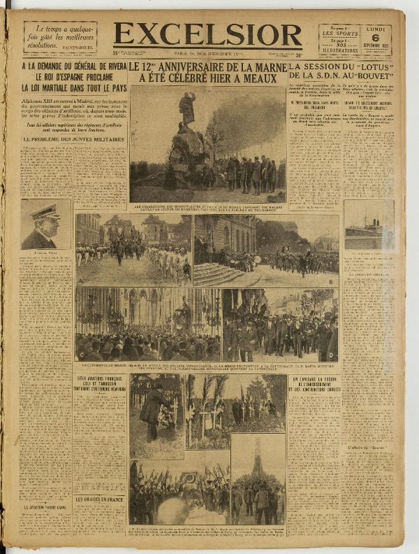 Une du journal Excelsior du 6 septembre 1926 : Le 12me anniversaire de la marne a éte célébré hier a meaux