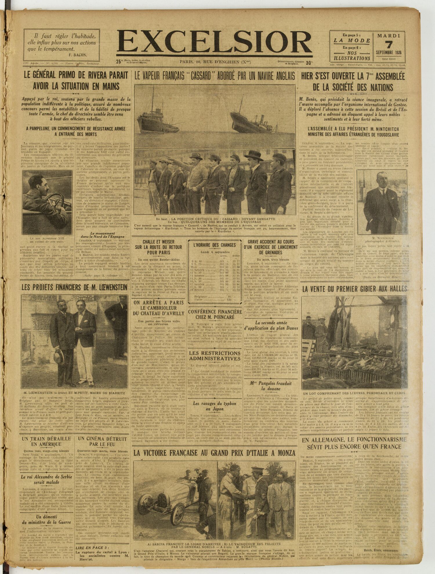 Une du journal Excelsior du 7 septembre 1926 : Le vapeur français « cassard » abordé par un navire anglais