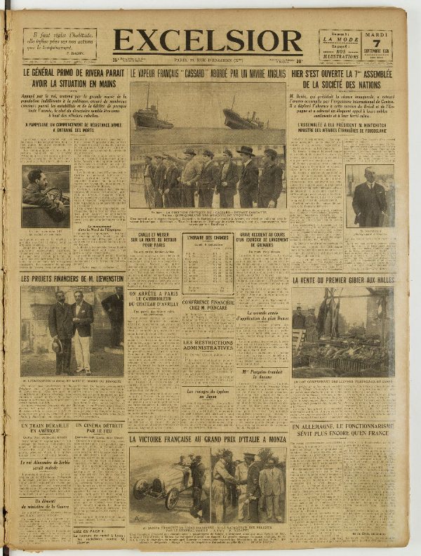 Une du journal Excelsior du 7 septembre 1926 : Le vapeur français « cassard » abordé par un navire anglais