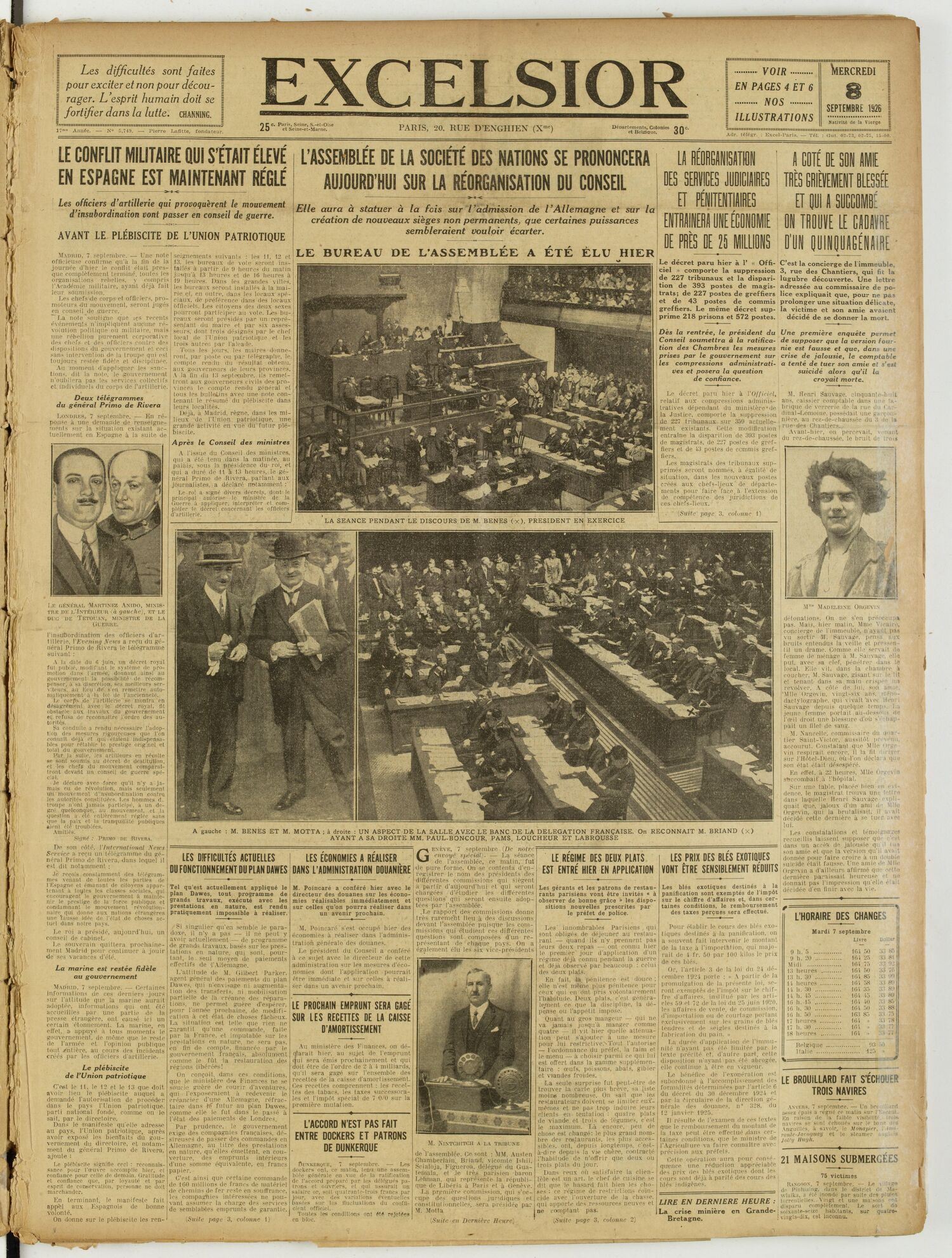 Une du journal Excelsior du 8 septembre 1926 : Le conflit militaire qui s'était élevé en espagne est maintenant réglé