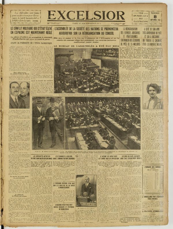 Une du journal Excelsior du 8 septembre 1926 : Le conflit militaire qui s'était élevé en espagne est maintenant réglé