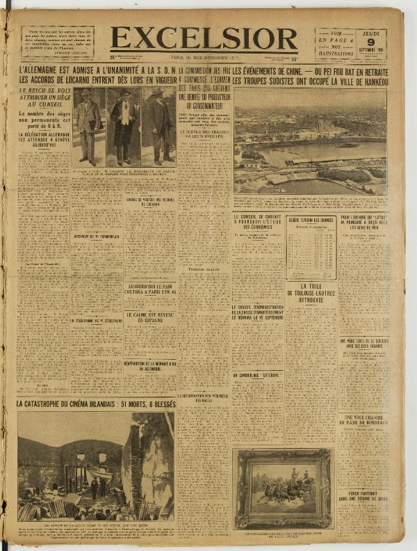 Une du journal Excelsior du 9 septembre 1926 : L'allemagne est admise a l'unanimité a la S. D. N. les accords de locarno entrent dès lors en vigueur