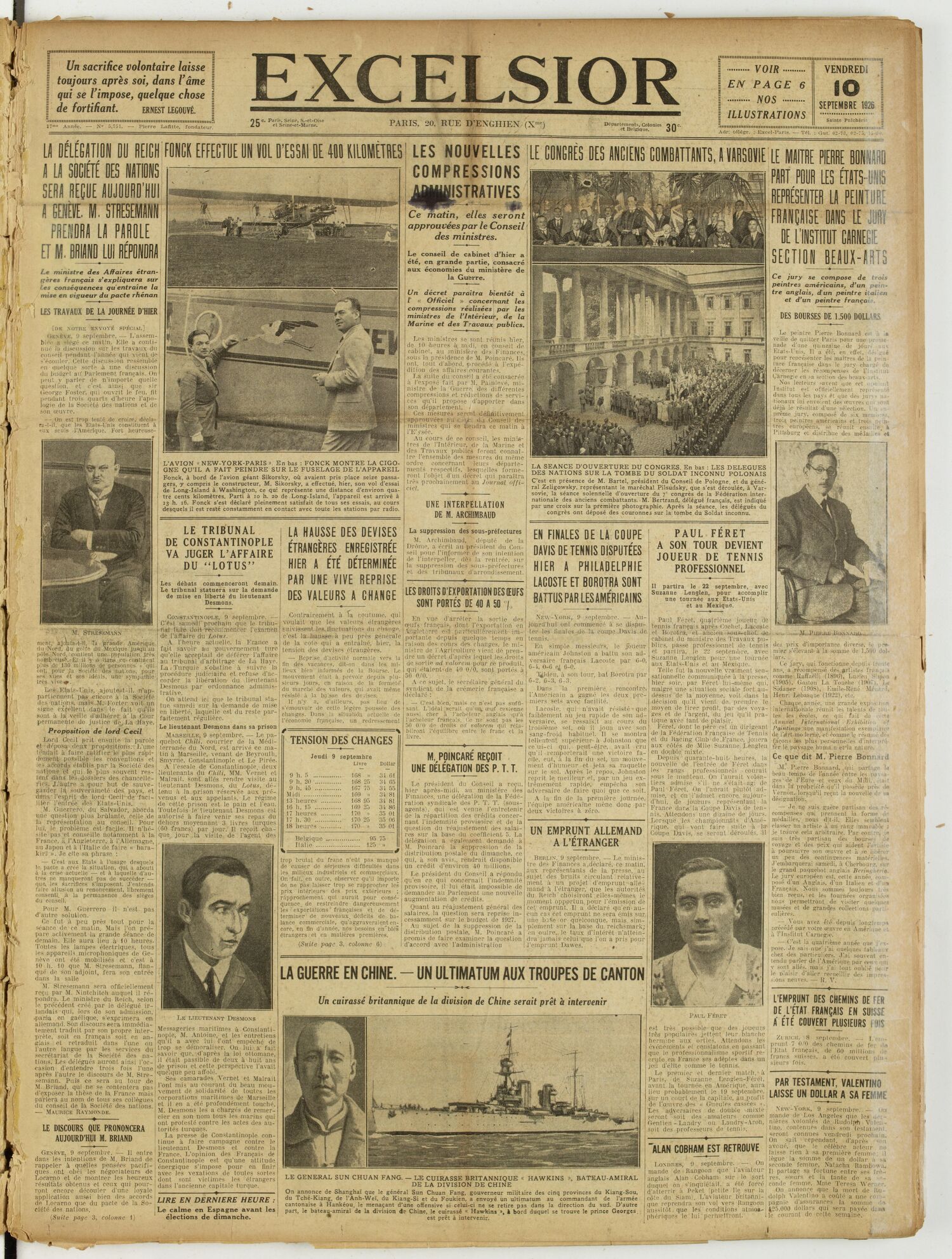 Une du journal Excelsior du 10 septembre 1926 : Administratives